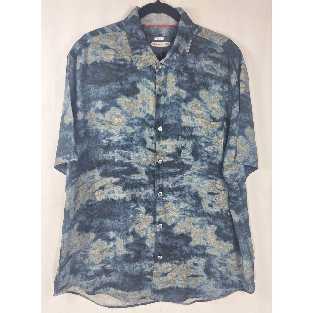 32 Bar Blues Mens XL 100% Linen Short Sleeve Button Down Shirt Abstract Blue Tan